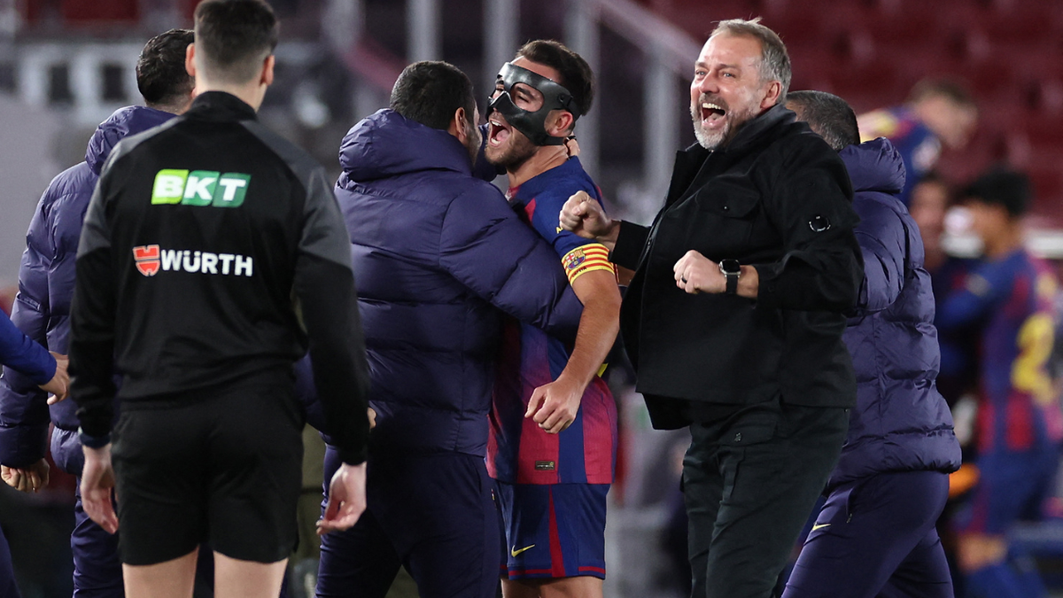 Flick celebrando la victoria del Barcelona frente al Atlético