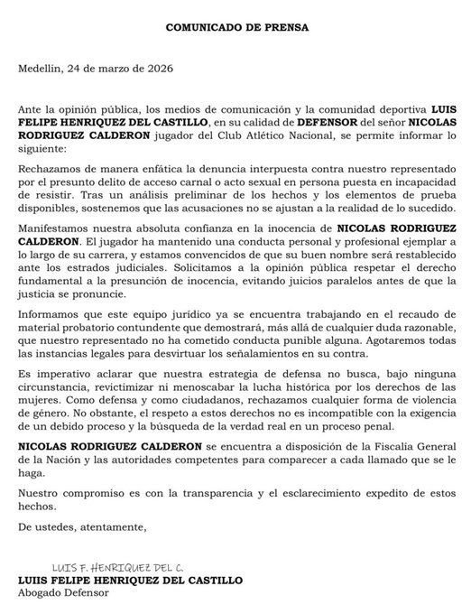 Comunicado de Nicolás Rodríguez, jugador denunciado de Atlético Nacional