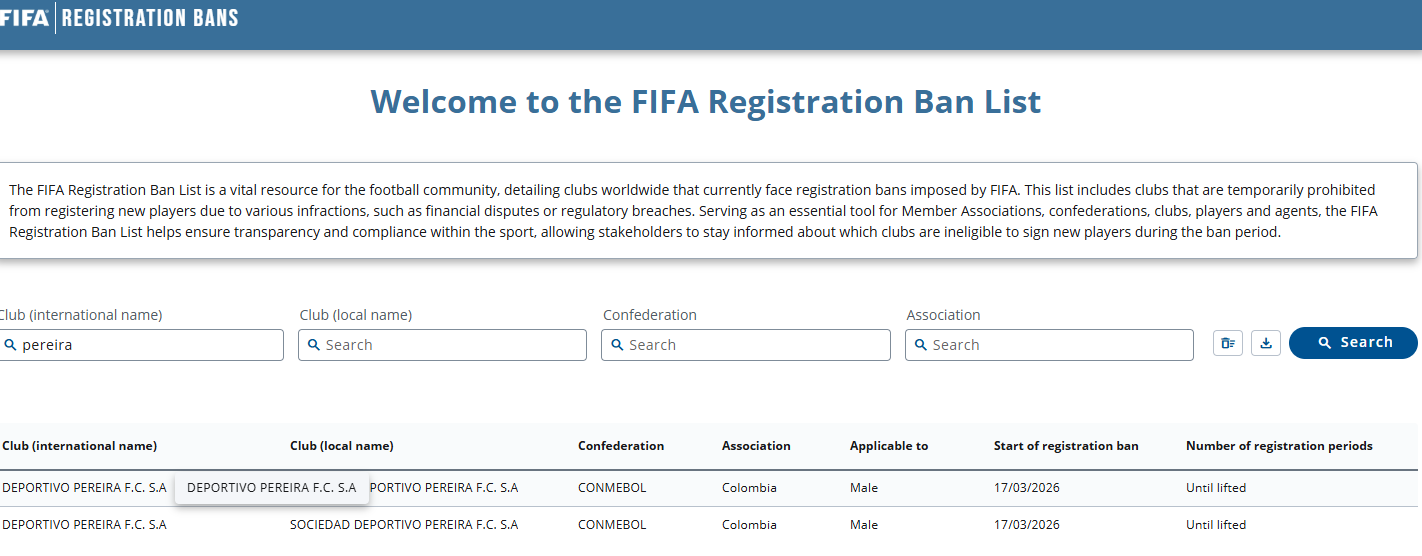 FIFA sancionó a Deportivo Pereira