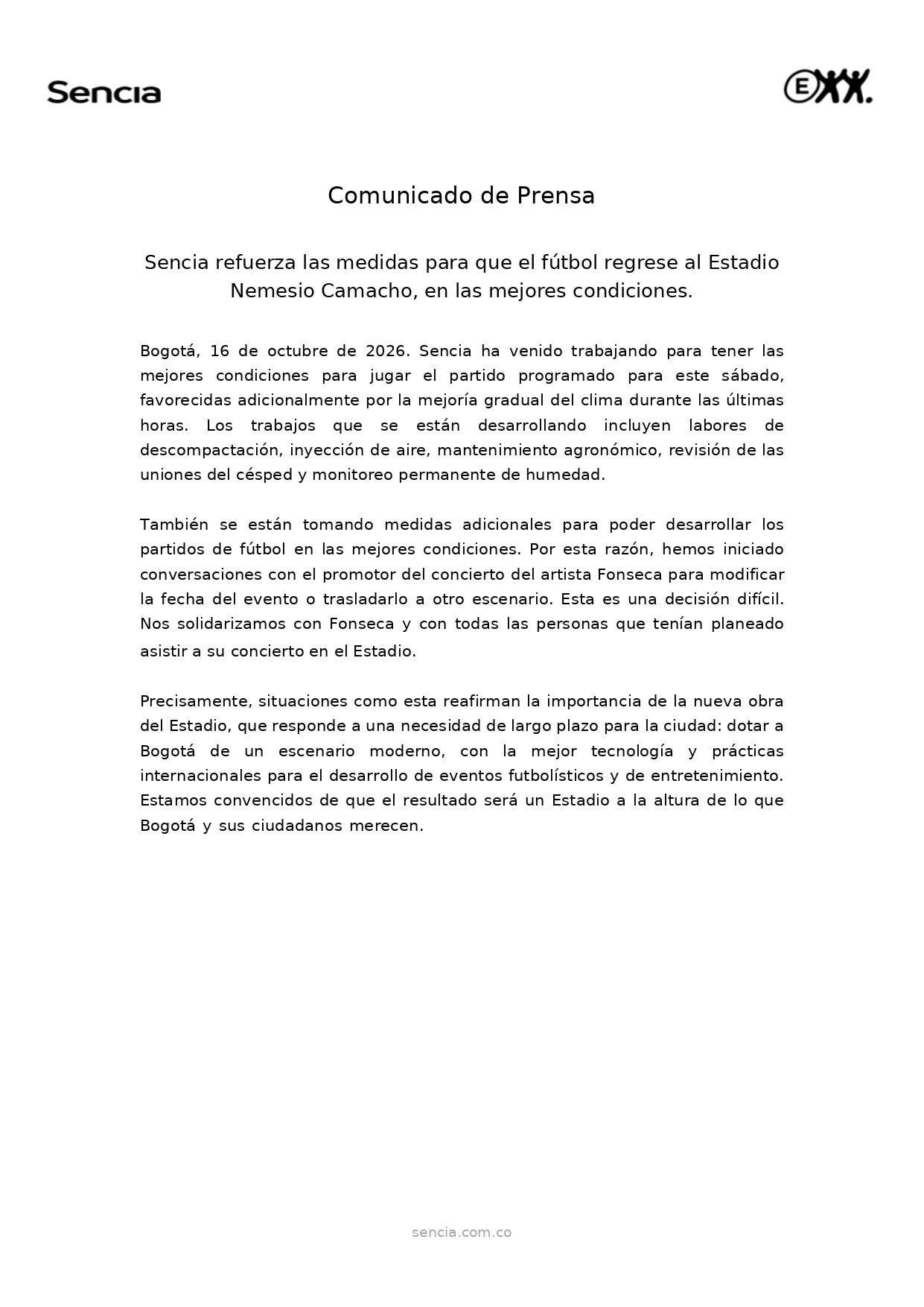 Comunicado de Sencia - Concierto Fonseca