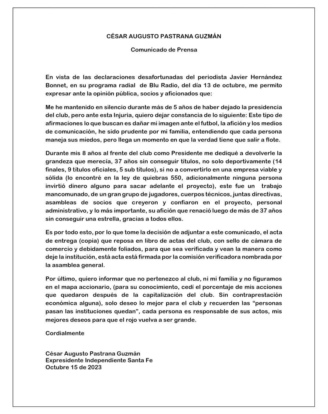 Comunicado de Comunicado de César Pastrana tras señalamientos por la mala situación económica de Santa Fe 