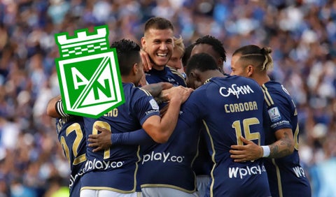 Jugadores de Millonarios y escudo de Nacional