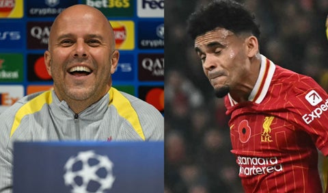 Arne Slot y Luis Díaz con Liverpool