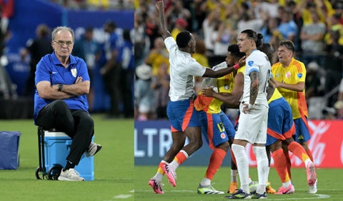Marcelo Bielsa, técnico de Uruguay, y jugadores de Selección Colombia