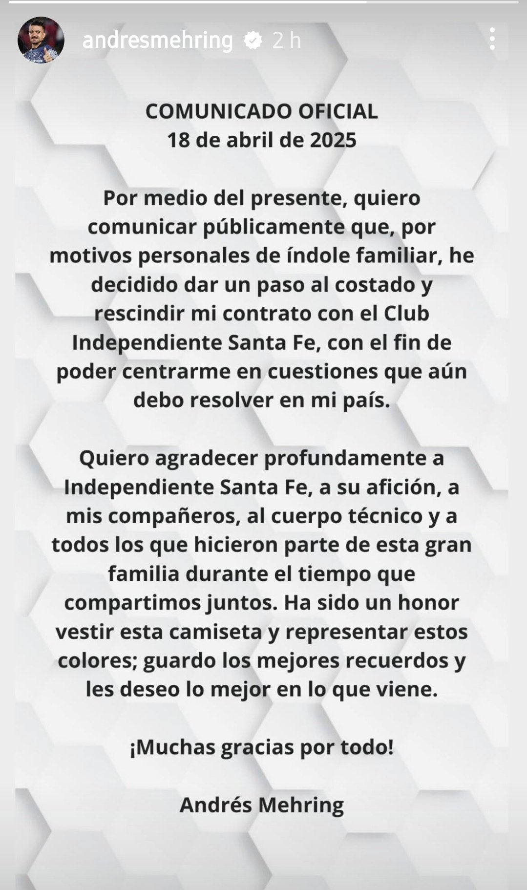 Andrés Mehring rompió el silencio tras renunciar a Santa Fe