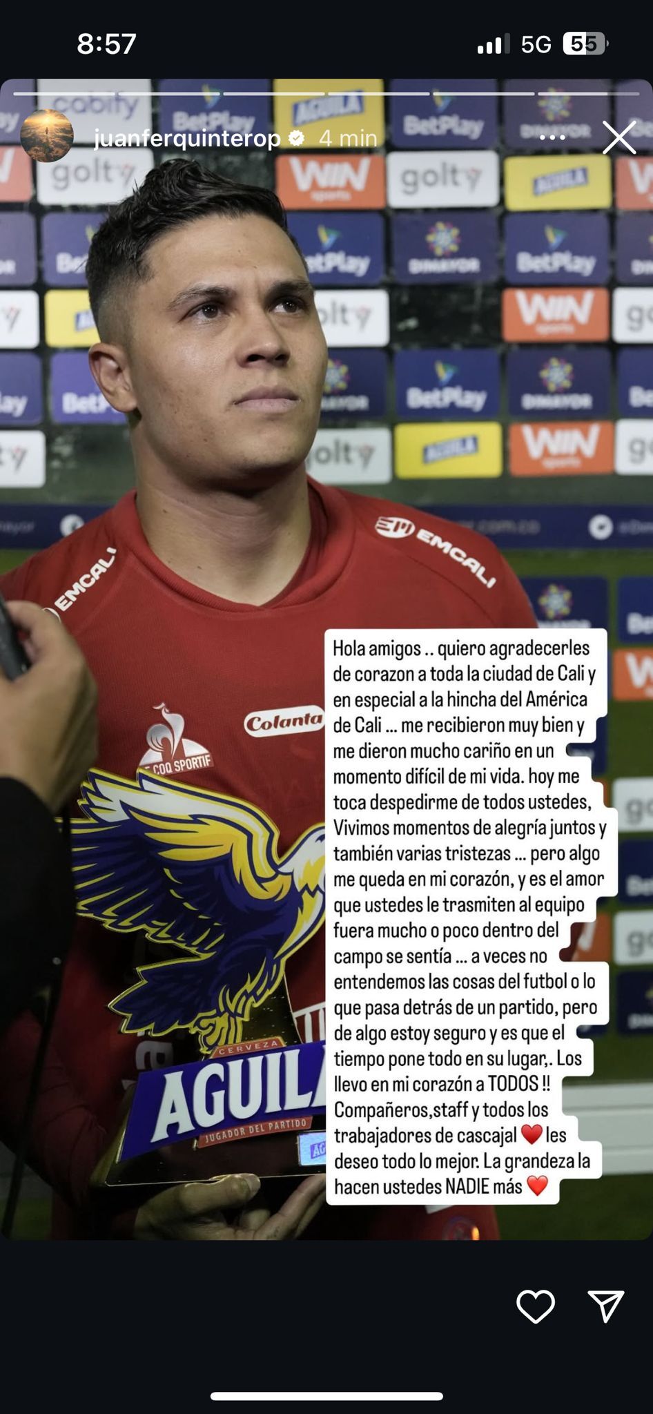 Despedida de Juan Fernando Quintero de América