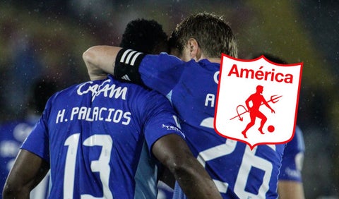 Jugadores de Millonarios y escudo de América de Cali