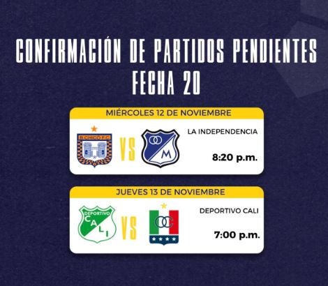 Programación partidos pendientes de la fecha 20 de la Liga 