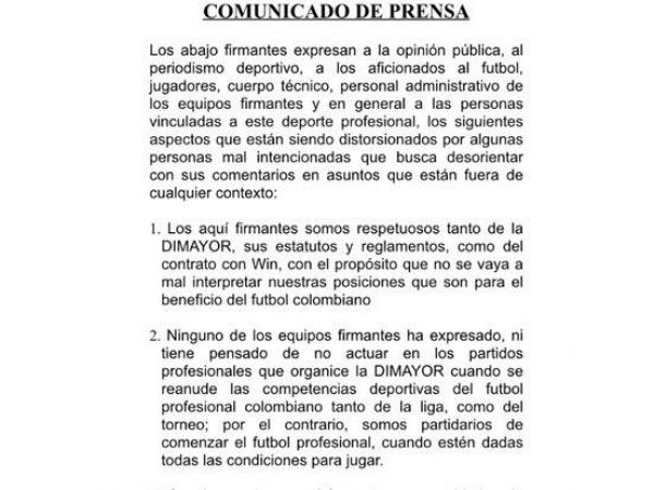 Carta de Once Clubes a Dimayor