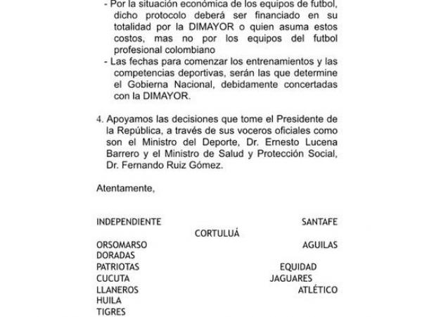 Carta de Once Clubes a Dimayor