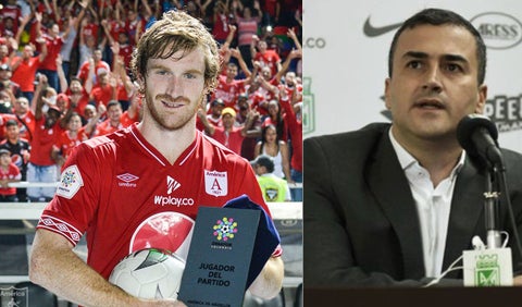 Fernando Aristeguita del América y el presidente de Nacional, Juan David Pérez