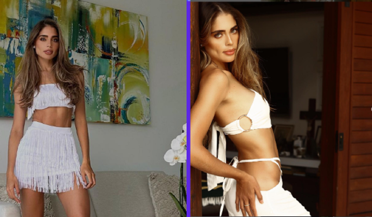 Collage de Camila Avella vestida de blanco