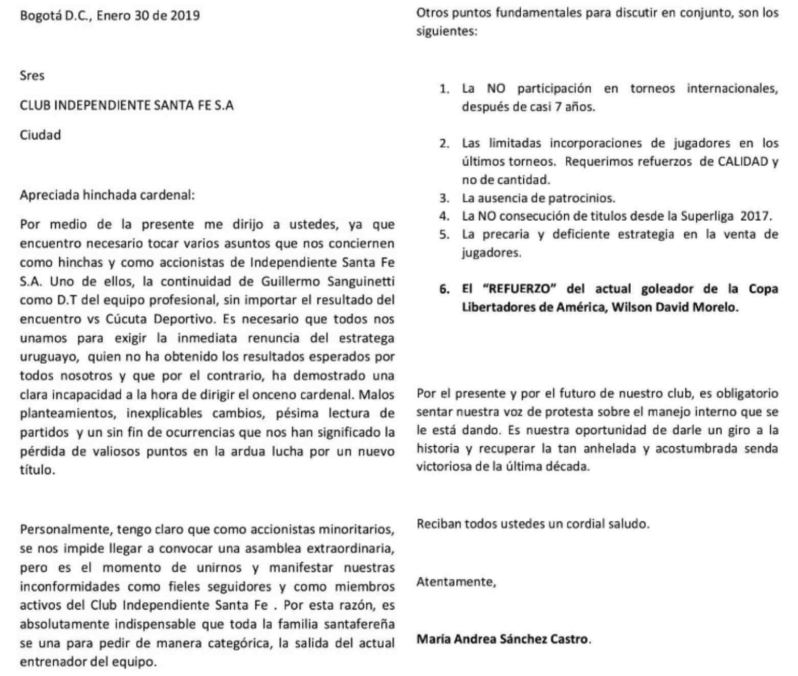 Carta realizada por socios de Santa Fe