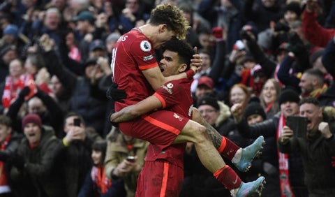 Celebración del gol de Luis Díaz en Liverpool