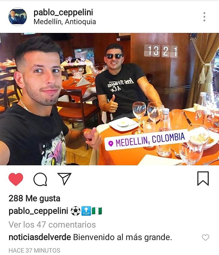 Pablo Ceppelini publicó en Instagram su llegada a Medellín