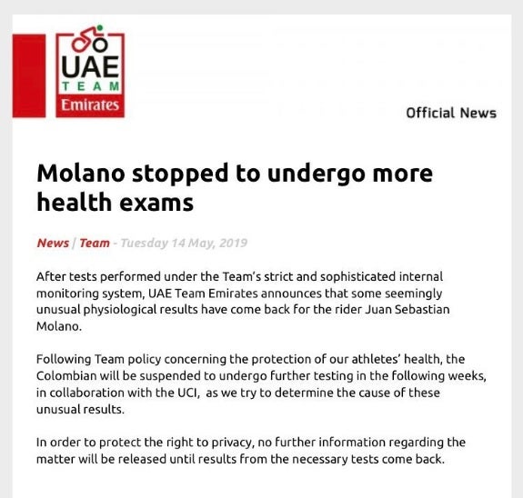 Emirates Team, comunicado