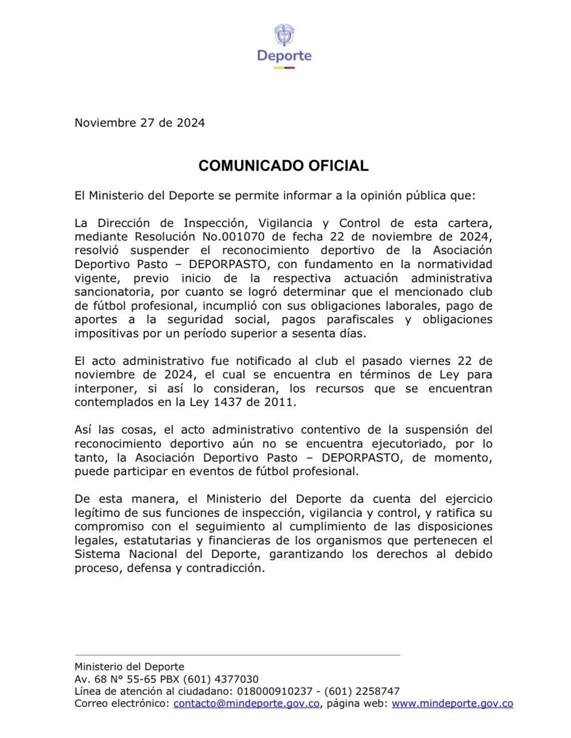 Comunicado Ministerio del Deporte sobre Deportivo Pasto
