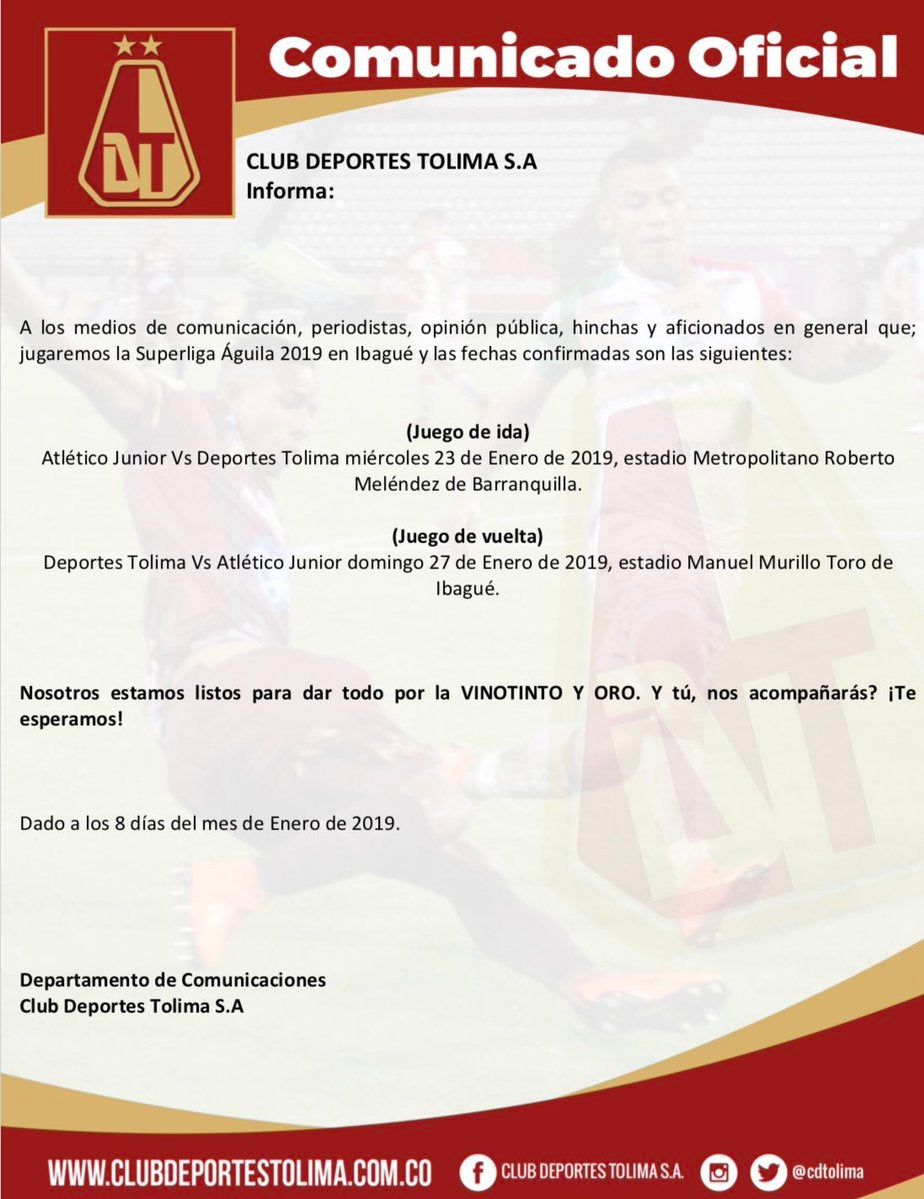 Comunicado Deportes Tolima 