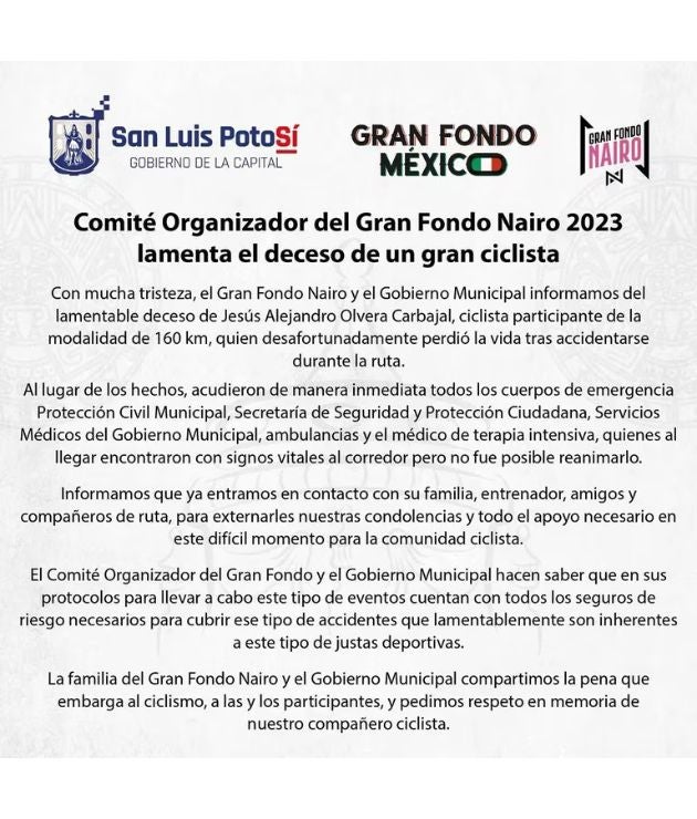 Comunicado Gran Fondo Nairo Quintana sobre ciclista que murió