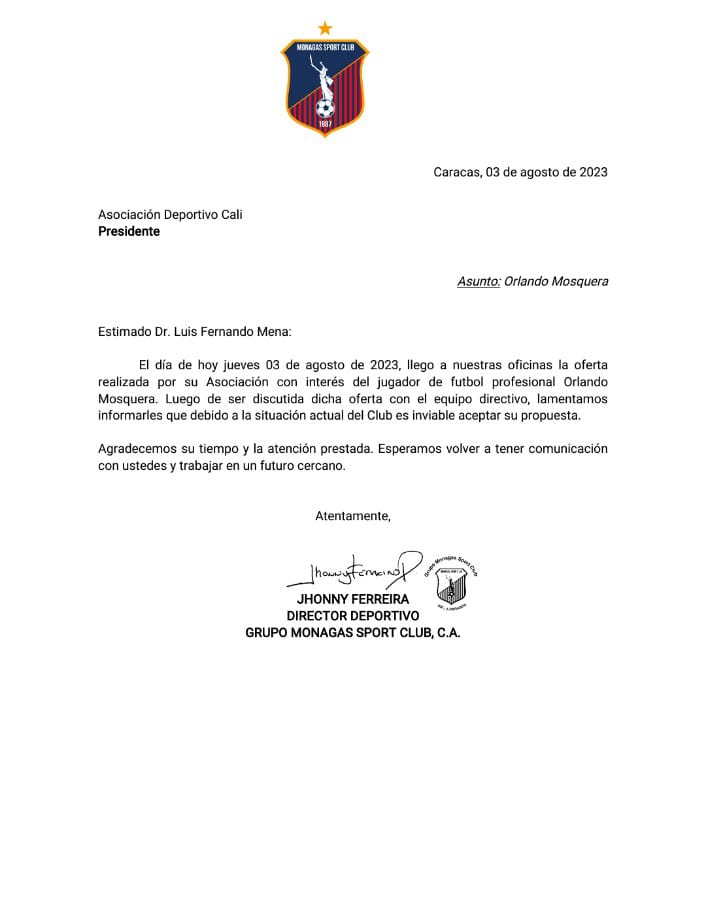 Comunicado Orlando Mosquera - Deportivo Cali