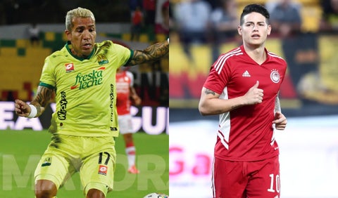 Dayro Moreno, del Bucaramanga, y James Rodríguez del Olympiacos