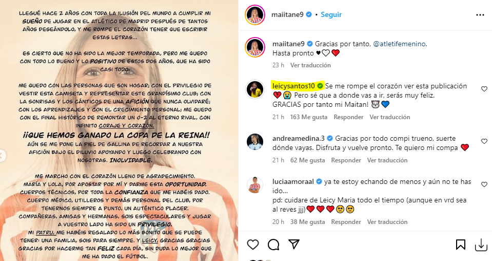 Leicy Santos despide a su novia