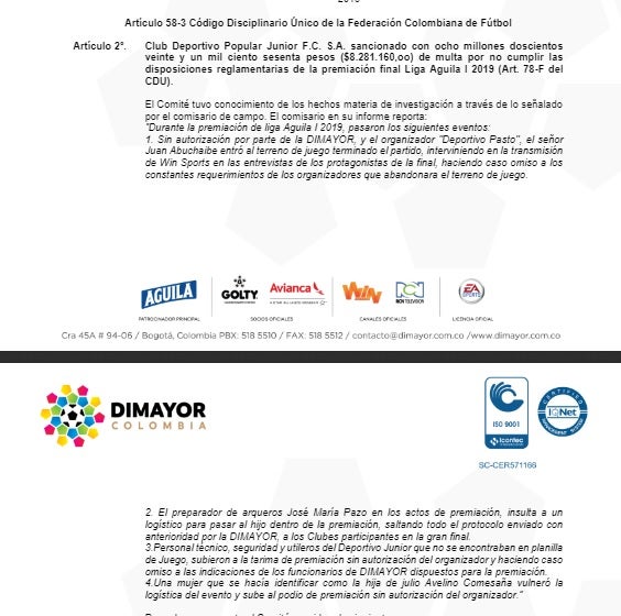 Comunicado de Dimayor sobre Junior