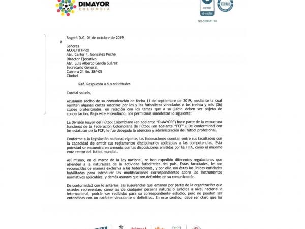 La respuesta de la Dimayor a Acolfutpro