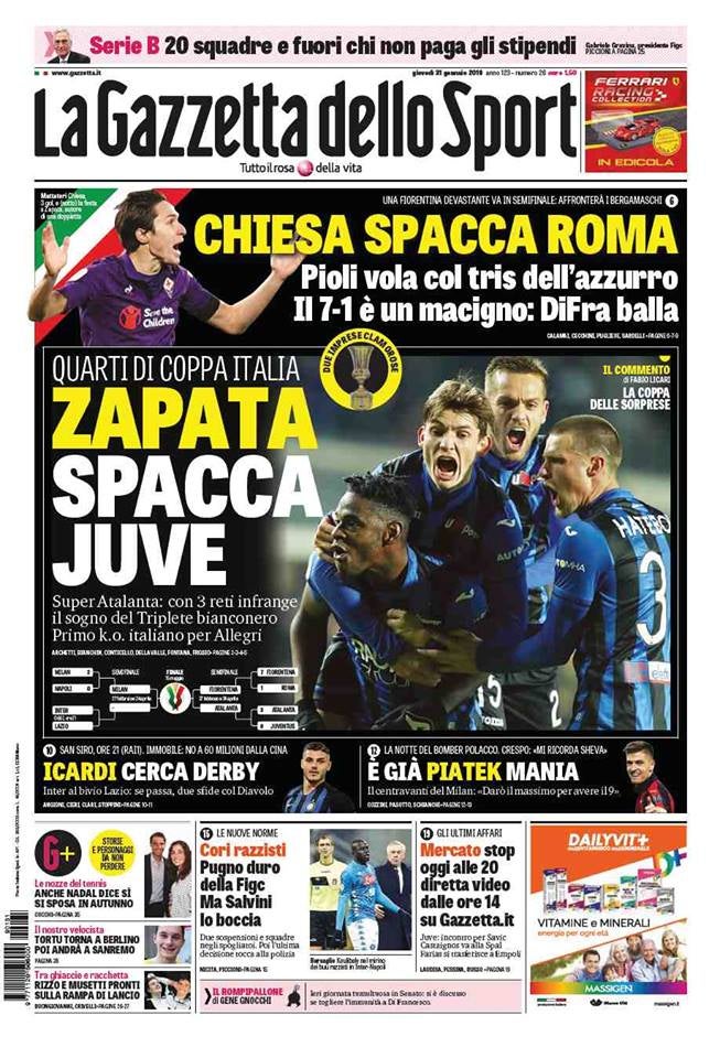 Duván Zapata, protagonista en la portada de la Gazzetta dello Sport