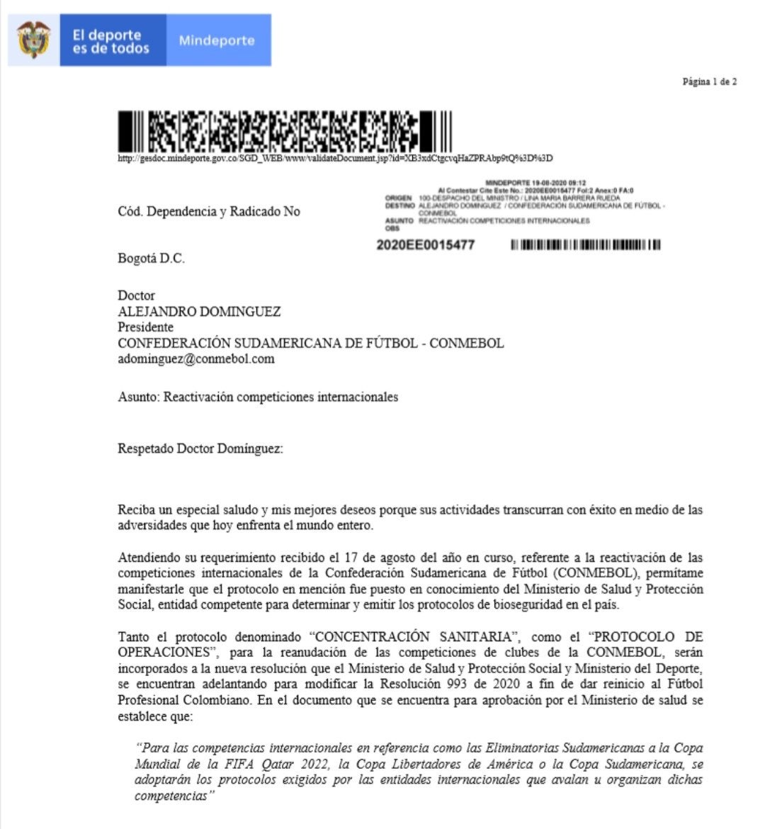 Gobierno carta a Conmebol