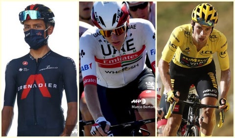 Egan Bernal, Tadej Pogacar y Primoz Roglic
