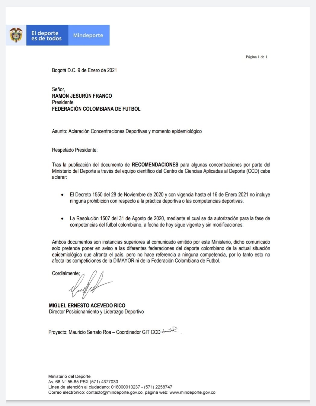 Comunicado Ministerio del Deporte