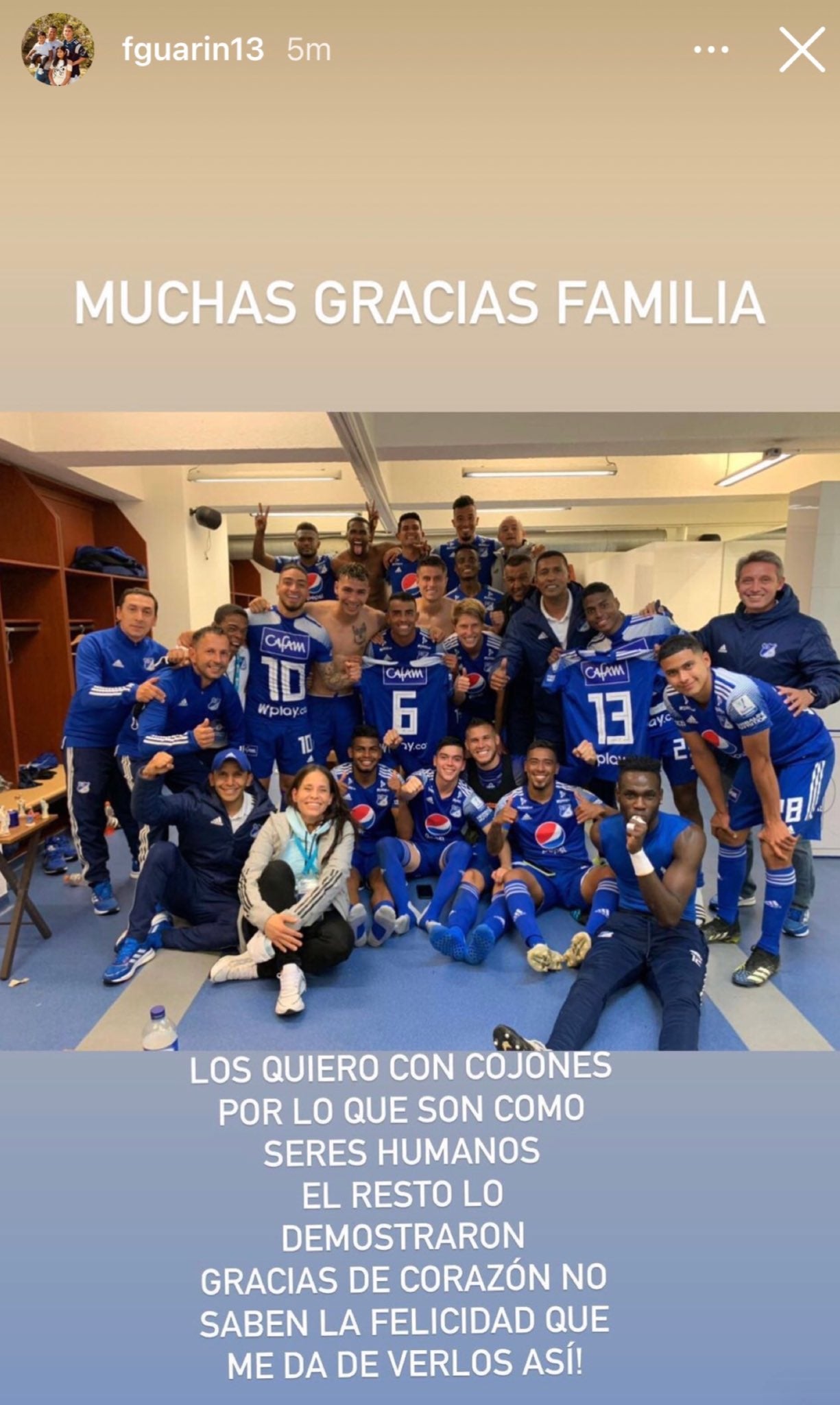 Captura de pantalla mensaje de Fredy Guarín, Millonarios