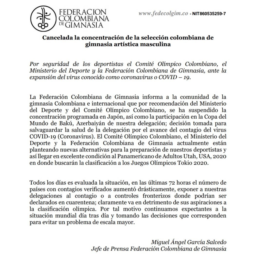 Comunicado Federación Colombiana de Gimnasia