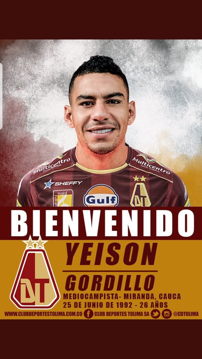 Anuncio del Deportes Tolima sobre Yeison Gordillo