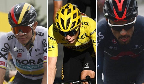 Sergio Higuita, Jonas Vingegaard y Daniel Martínez