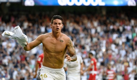 James Rodríguez, celebrando un gol en su nueva etapa con el Real Madrid