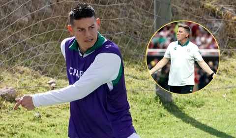 James Rodríguez en su primer entrenamiento con León de México y su técnico, Eduardo Berizzo