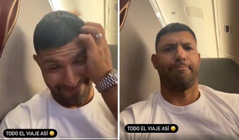 Kun Agüero en el vuelo con hinchas de Brasil