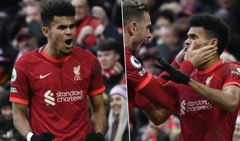 Luis Díaz celebrando su primer gol con Liverpool en la Premier