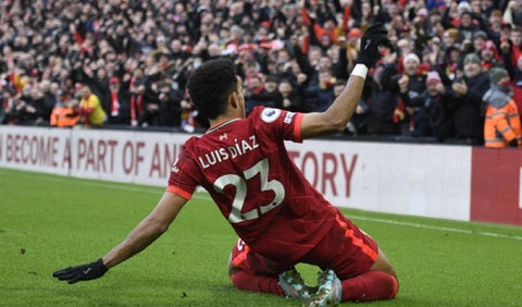 Luis Díaz celebrando un gol el Liverpool
