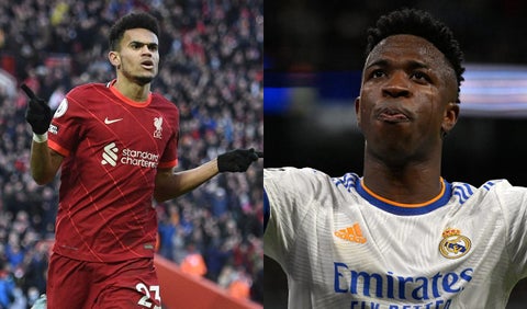 Luis Díaz y Vinicus antes de la final Liverpool vs Real Madrid