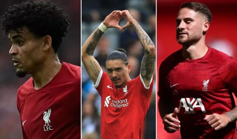 Luis Díaz, Darwin Núñez y Alexis Mac Allister