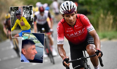 Nairo Quintana apoyando a un ciclista aficionado