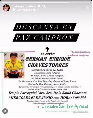 Publicación de Nairo Quintana e Instagram sobre Germán Chaves.