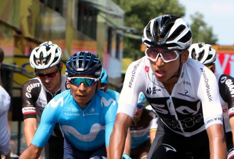 Nairo Quintana y Egan Bernal el 14 de julio de 2018 en Francia