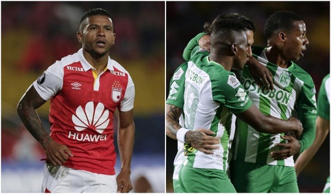 Wilson Morelo, delantero de Santa Fe, y jugadores de Atlético Nacional