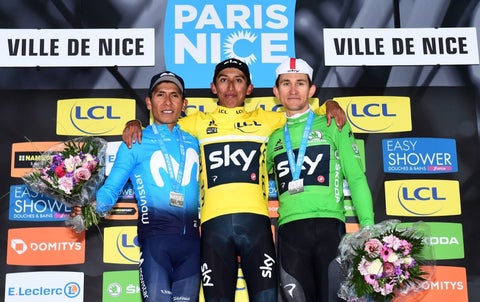 Egan Bernal, Nairo Quintana y Michal Kiatkowski