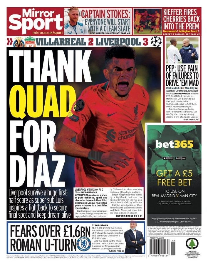 Portada diario Mirror con Luis Díaz como protagonista