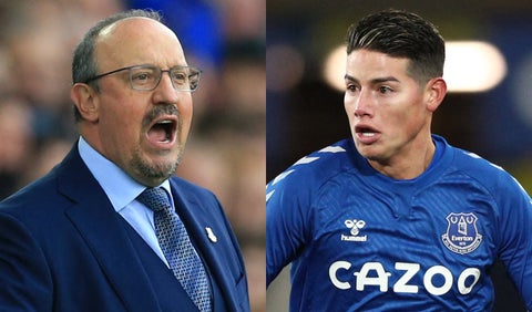 Raf Benítez y James Rodríguez en el Everton